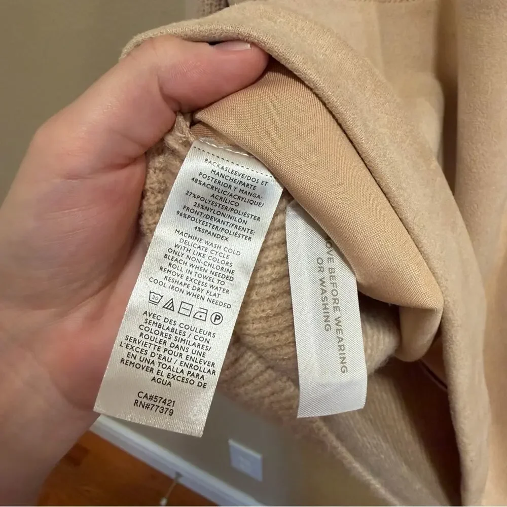 Ann Taylor Mixed Media Tan Faux Suede Sweater Medium Ribbed Crew Neck Cozy